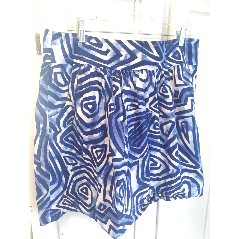 Victor Alfaro Womens Skirt Sz 14 Cotton White Blue Gathered Waist Pockets Lined